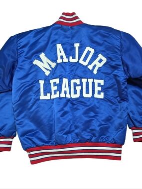 Vintage 80s Sand Knit Major League Satin Bomber Jacket Blue Spell Out USA Made L